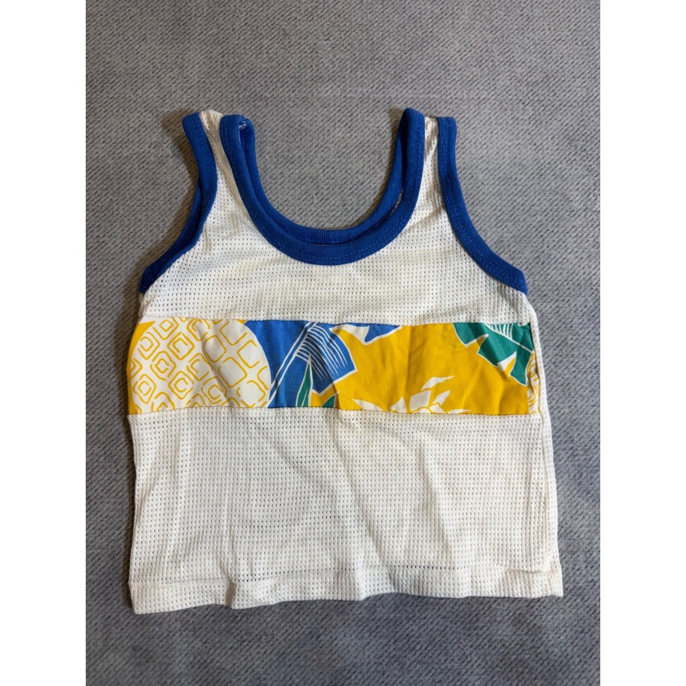 Officially For Kidz Vintage Mesh Tank Top White Blue Yellow Tropical Size 4 USA